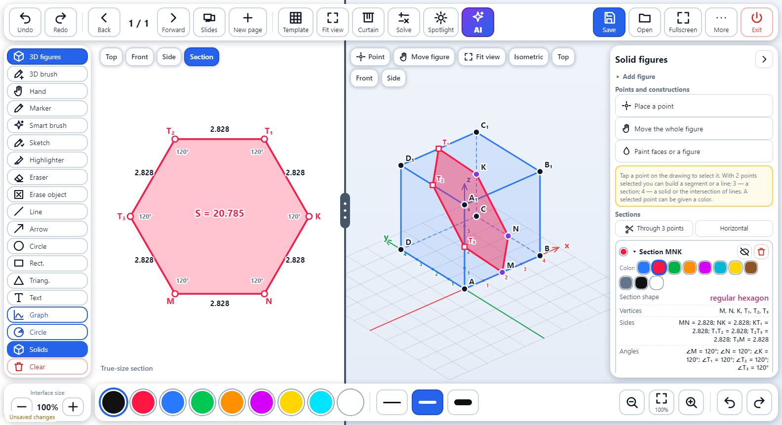 Chalkline solids panel: a cube and a cone in 3D on the right, and on the left the true-size view of a hexagonal section with side lengths, angles and area.