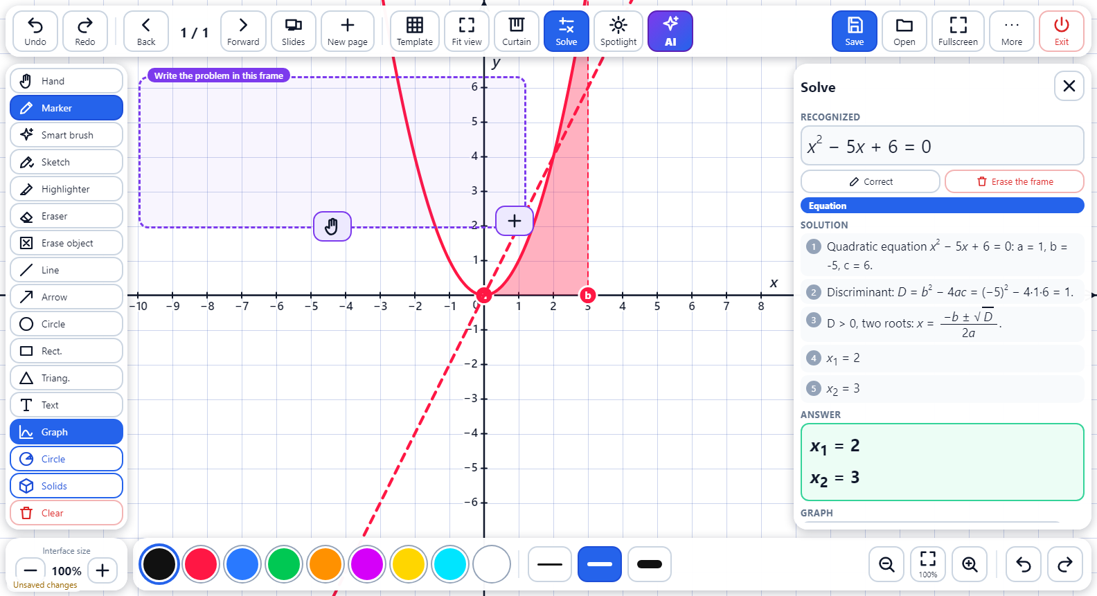 Chalkline solver panel showing a recognised quadratic equation and its step-by-step solution with answers x1 equals 2 and x2 equals 3.